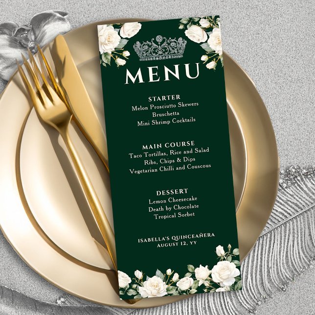 Vit ros och Princess Tiara Mörk grönt Meny (Menu from the Princess Dress and Roses Collection by Darling & May)