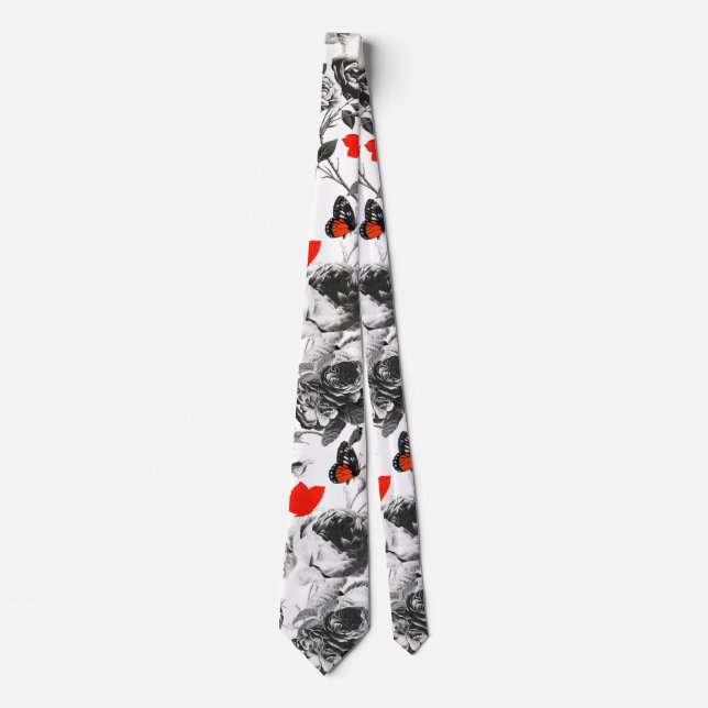 VIT ROS OCH RED BUTTERFLIES Grått Neck Tie Slips (Framsida)