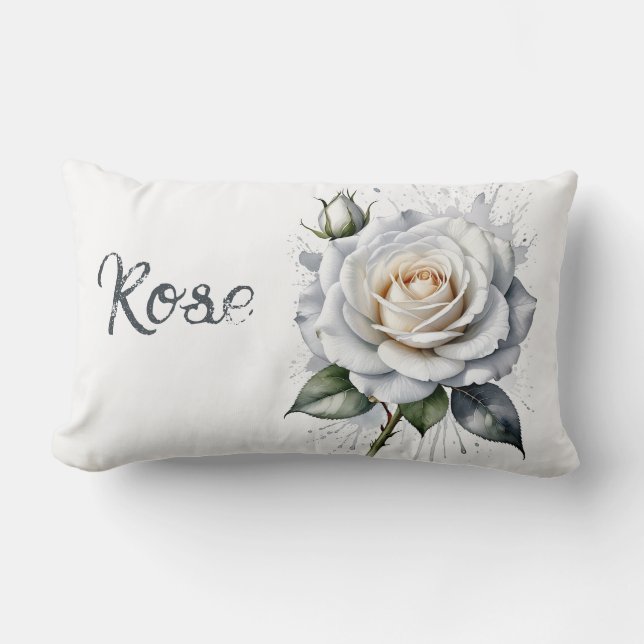 Vit ros och rosenknopp, Silver Löv Lumbarkudde (Framsida)