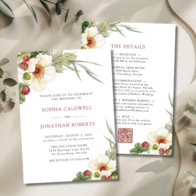 Vit ros och Vild Strawberry Bröllop Inbjudningar (White Roses and Wild Strawberries Wedding Invitations)