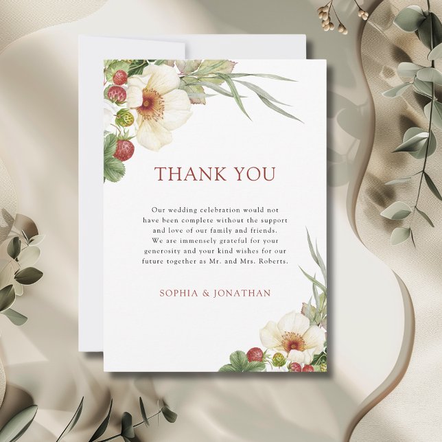 Vit ros och Vild Strawberry Bröllop Tack Kort (White Rose and Wild Strawberry Wedding Thank You Card with Envelope)