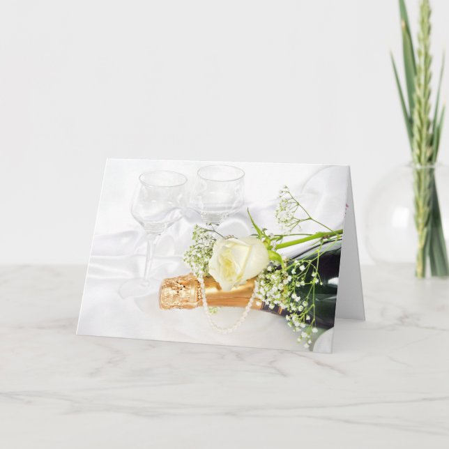 vit ros om champagne flaska med pärlor kort (Framsida)