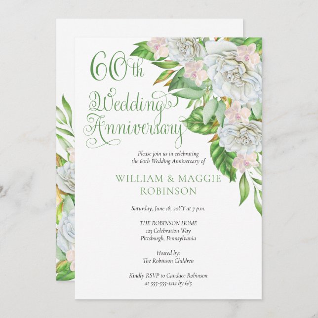 Vit ros Orchid 60:e Bröllop-årsdagen Party Inbjudningar (Fram/baksida)