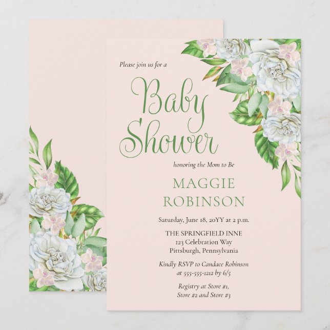 Vit ros | Orchids Boho Blommigt Girl Baby Shower Inbjudningar (Fram/baksida)