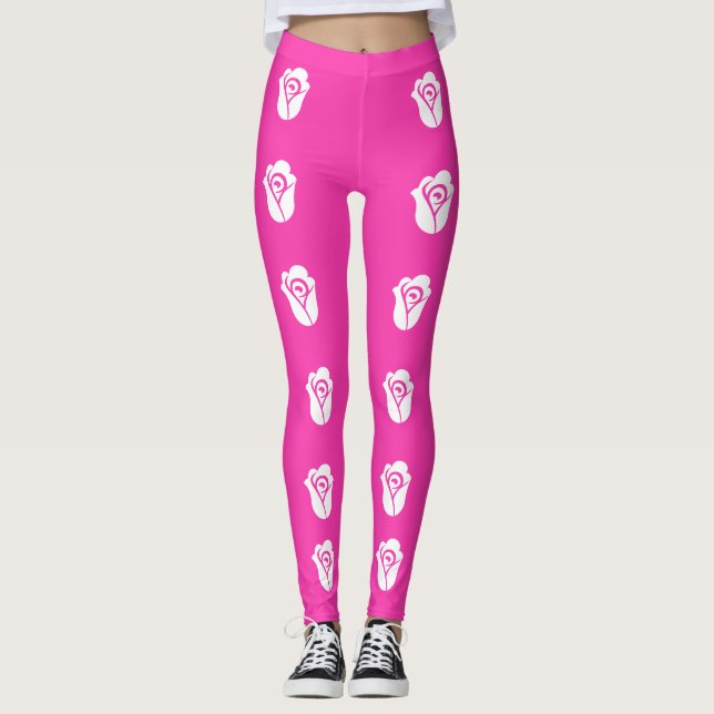 Vit ros över rosa mönster leggings (Framsida)
