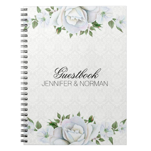 Vit ros over White Damask Anteckningsbok Med Spiral (Framsidan)