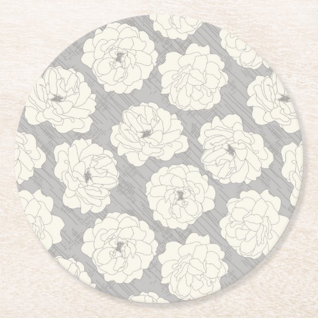Vit ros på lätt Grått - sömlöst mönster. Underlägg Papper Rund (Framsidan)