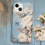 Vit ros på Rustic Blue Background w/Monogram<br><div class="desc">Lush-antika vit ros och vilda blommor på ljusblå bakgrund. Fält som tillval för ditt monogram eller din ursprungliga text.</div>