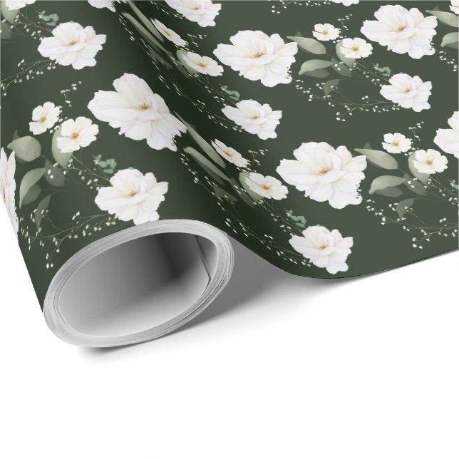 Vit ros på svart blommig presentinslagspapper presentpapper (Rullad Hörn)