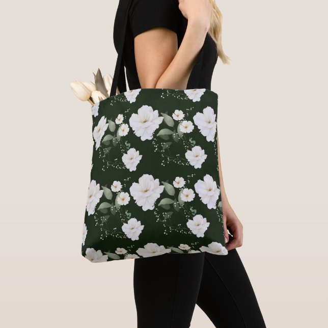 Vit ros på svart blommig presenttoteväska tygkasse (Närbild)