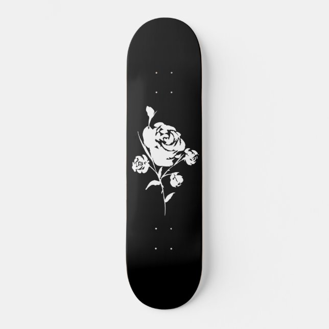 Vit ros på svart mini skateboard bräda 18,5 cm (Framsida)