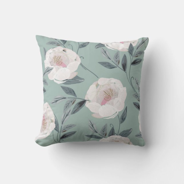 Vit ros Peonies: Blommigt Embroidery. Kudde (Framsida)