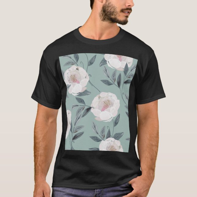 Vit ros Peonies: Blommigt Embroidery. T Shirt (Framsida)