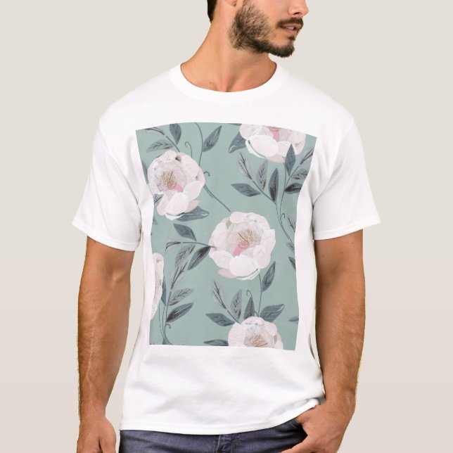 Vit ros Peonies: Blommigt Embroidery. T Shirt (Framsida)