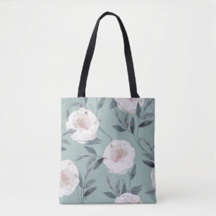 Vit ros Peonies: Blommigt Embroidery. Tygkasse