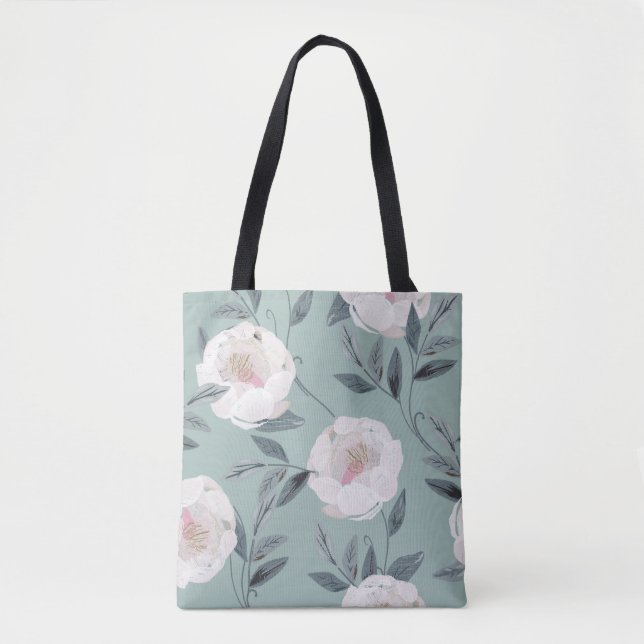 Vit ros Peonies: Blommigt Embroidery. Tygkasse (Framsida)