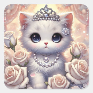 Vit ros Princess Cat Fyrkantigt Klistermärke