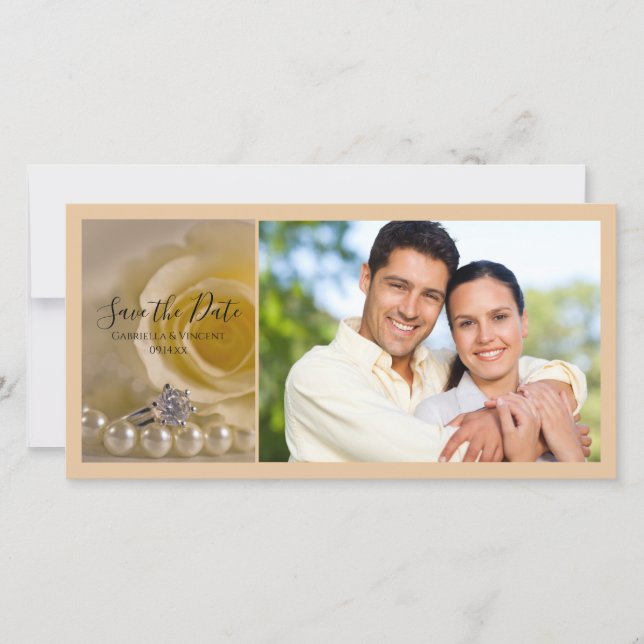 Vit ros, Ring och Pearls Bröllop spara datum Spara Datumet (Framsida)