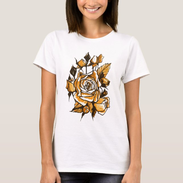 Vit ros, Ro-blommor med grafisk Blommigt T Shirt (Framsida)
