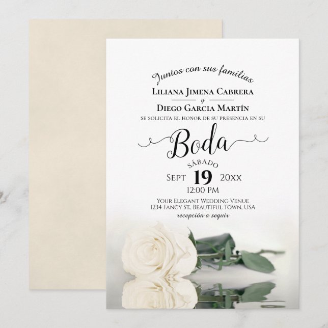Vit ros Romantic Spanska språket Boda Bröllop Inbjudningar (Fram/baksida)