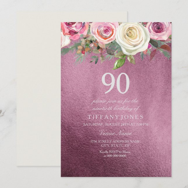 Vit ros Rosa Burgundy Foil 90:e Birthday Inbjudan (Fram/baksida)