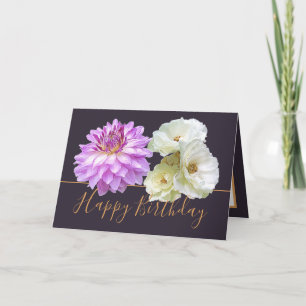 Vit ros & Rosa Dahlia Blommigt Bouquet Birthday Kort