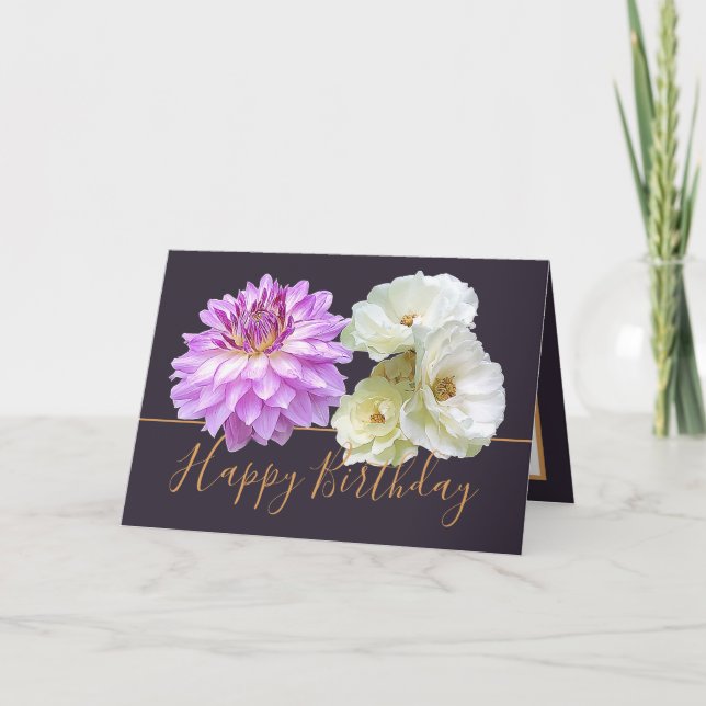 Vit ros & Rosa Dahlia Blommigt Bouquet Birthday Kort (Framsida)