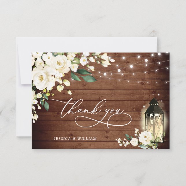 Vit ros Rustic Wood Lantern Bröllop Tack Kort (Framsida)