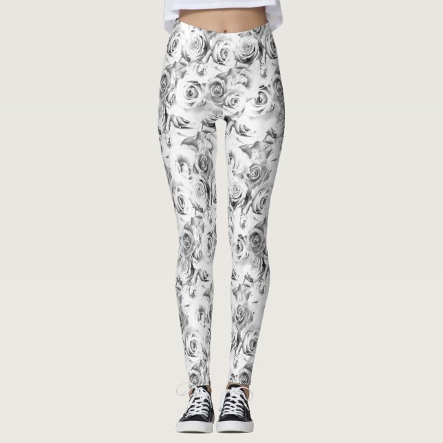 Vit ros Upprepande Blommönster Leggings (Framsida)