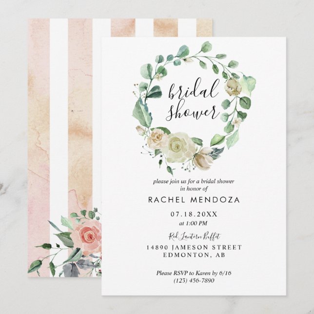 Vit ros Watercolor Elegant Romantik chic Inbjudningar (Fram/baksida)