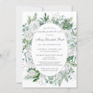 Vit ros Winter Greenery Botanical Funeral Inbjudningar