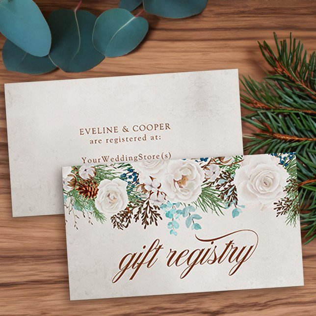Vit ros Winter Wedding Gift Registry Tilläggskort (Winter Wedding enclosure card for gift registry with elegant calligraphy, white roses and pine)