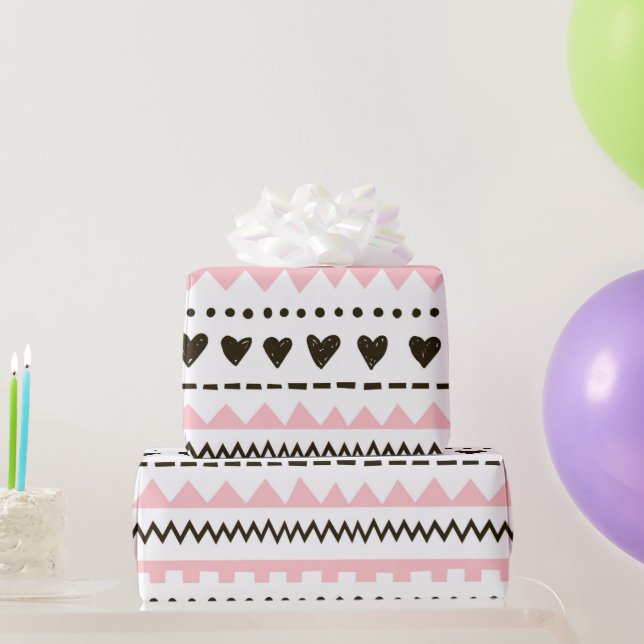 Vit Rosa Black Hearts Mönster Wrapping Papper Presentpapper (Festgåvor)