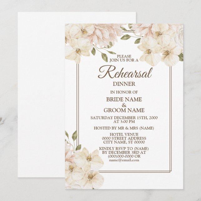 Vit Rosa Blommig Modern Bröllopsrepetition Middag  Inbjudningar (Fram/baksida)