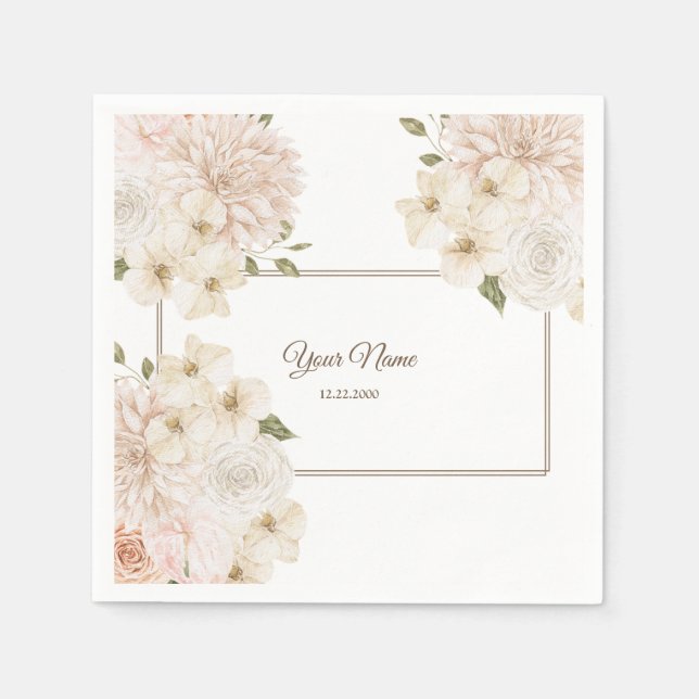 Vit Rosa Blommig Ram Grön Modern Bröllopsfest Pappersservett (Framsidan)