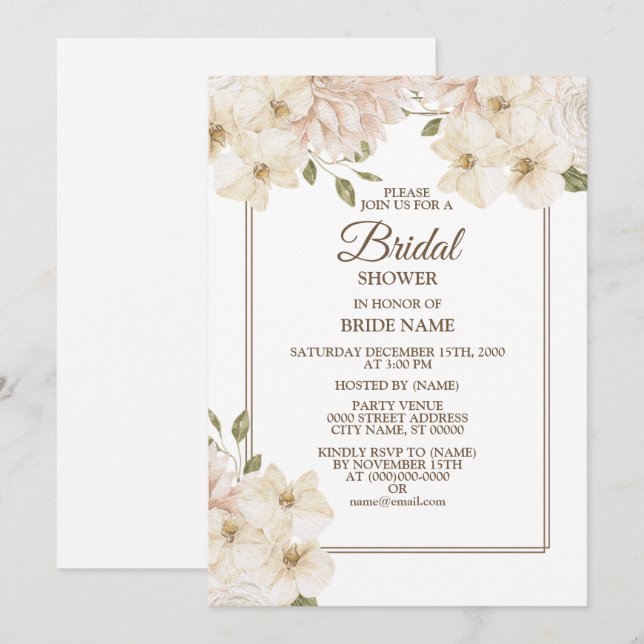 Vit Rosa Blommig Ram Modern Bröllopsduschfest Inbjudningar (Fram/baksida)