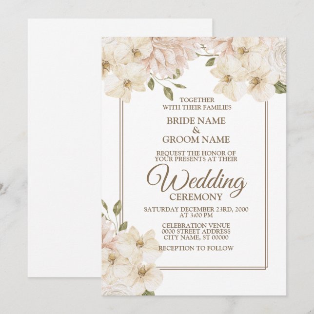 Vit Rosa Blommig Ram Modern Bröllopsfest Inbjudningar (Fram/baksida)