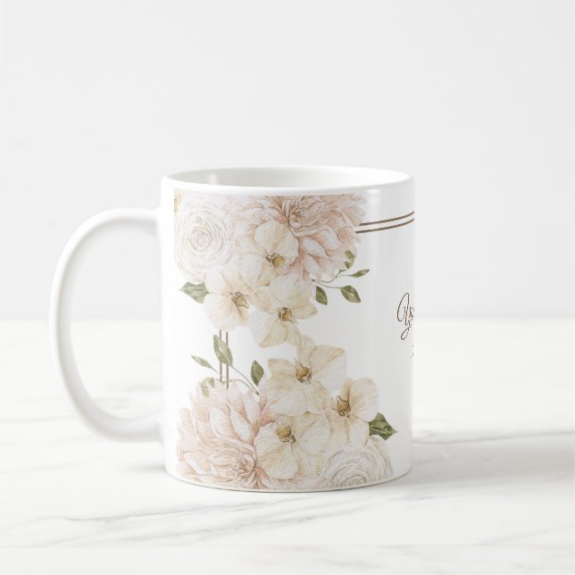Vit Rosa Blommig Ram Modern Grön Bröllopsfest Kaffemugg (Vänster)