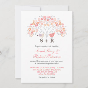 Vit Rosa Blommor Love birds bröllopsinbjudan Inbjudningar