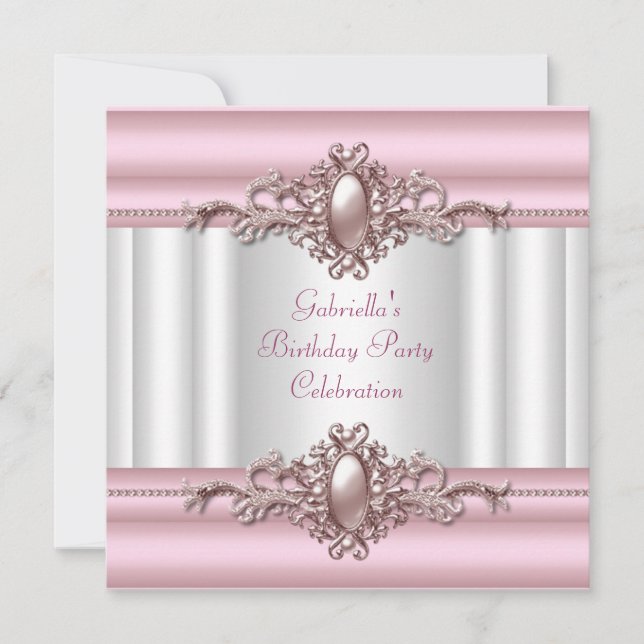 Vit Rosa Elegant Födelsedagsfest Pärlbild Inbjudningar (Framsida)