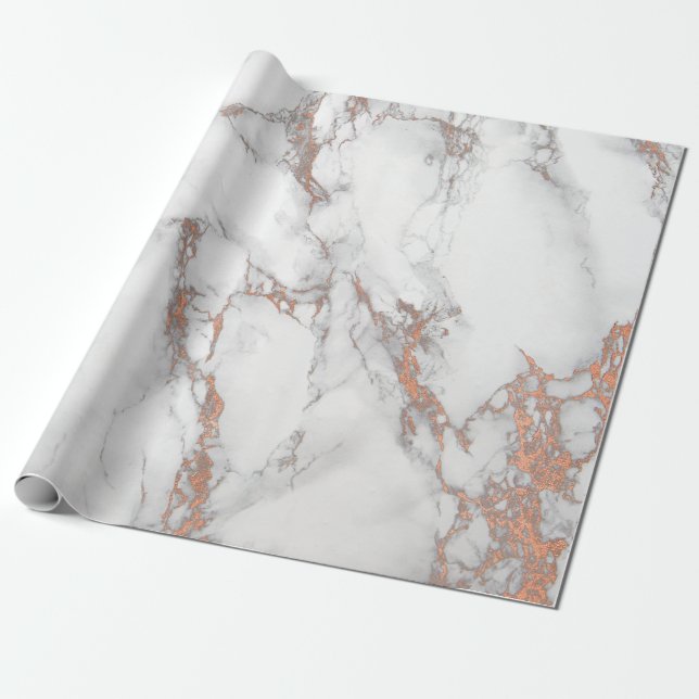 Vit Rosa Grått Marble Shiny Penshone Stone Copper Presentpapper (Utrullad)