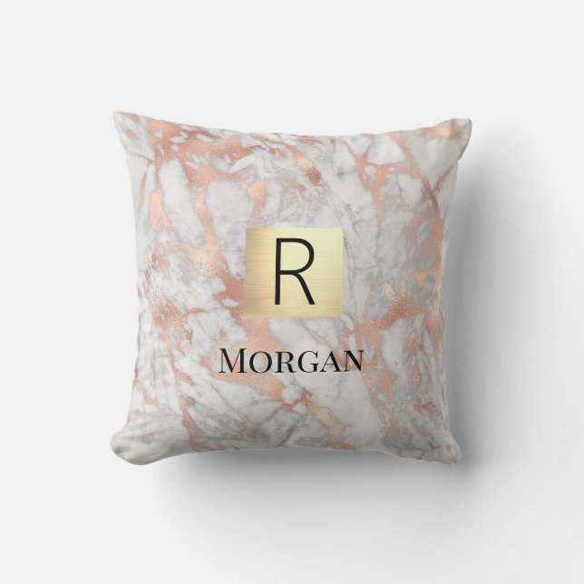 Vit & Rosa Guld Marmor Guldburken, Namn & Monogram Kudde (Framsida)