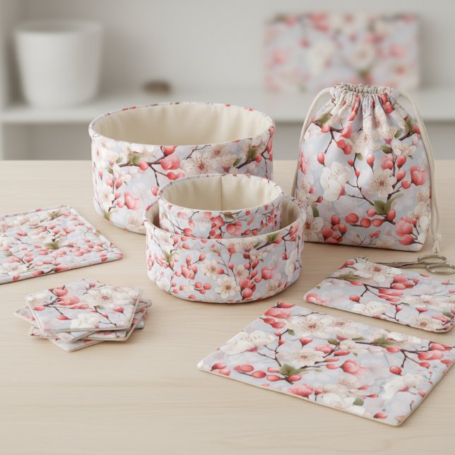 Vit & Rosa Körsbärsblomvattenfärgtyg Tyg (White & Pink Cherry Blossom Watercolor Fabric)