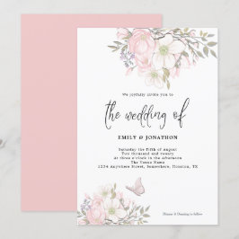 Vit Rosa Magnolia Butterfly Script Bröllop Inbjudningar