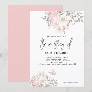 Vit Rosa Magnolia Butterfly Script Bröllop Inbjudningar