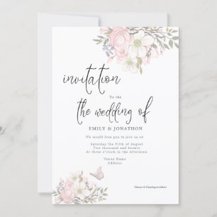 Vit Rosa Magnolias Butterfly Script Bröllop Inbjudningar