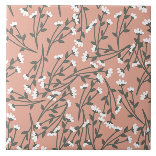 Vit rosa och grön blommig mönster  kakelplatta (Framsidan)