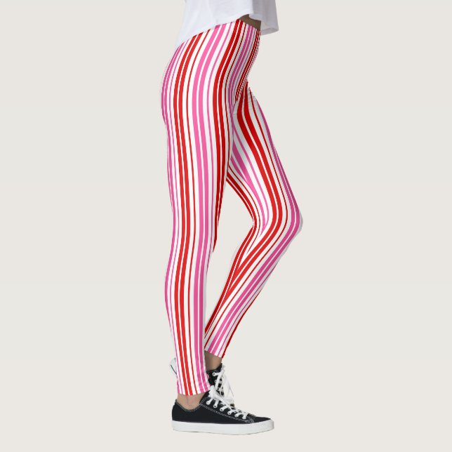 Vit Rosa Röd Vertikal Randig Design   Leggings (Höger)