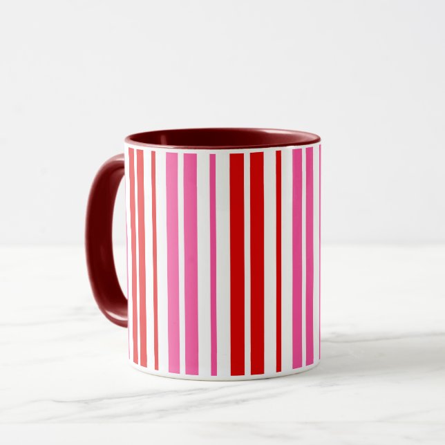 Vit Rosa Röd Vertikal Randig Design   Mugg (Framsida vänster)
