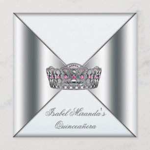 Vit Rosa Silver Tiara Quinceanera 15-årsfest Inbjudningar
